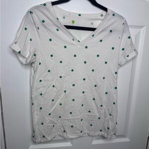 Women's White V-Neck Tee with Green Clover Print